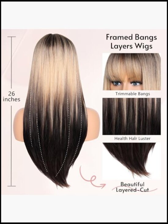 26 Inch Long Straight Wig with Bangs Heat Resistant Synthetic Hair for Party main image 3